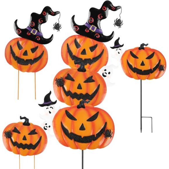 Stacked Metal Pumpkins Jack-o-Lantern with Witch Hat Stake Decoration
